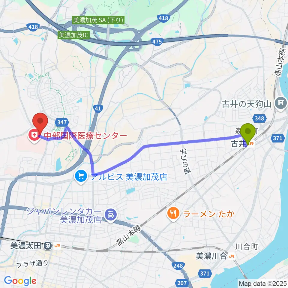 古井駅からAncestors Ukuleleへのルートマップ地図