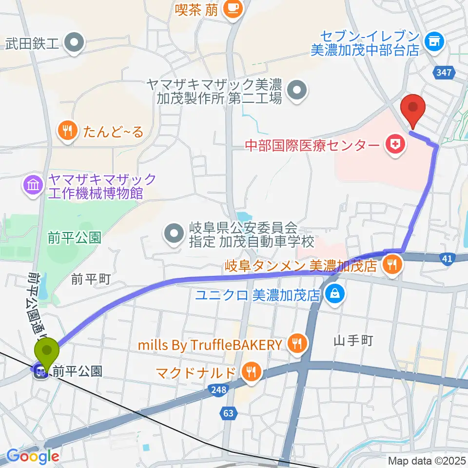 前平公園駅からAncestors Ukuleleへのルートマップ地図