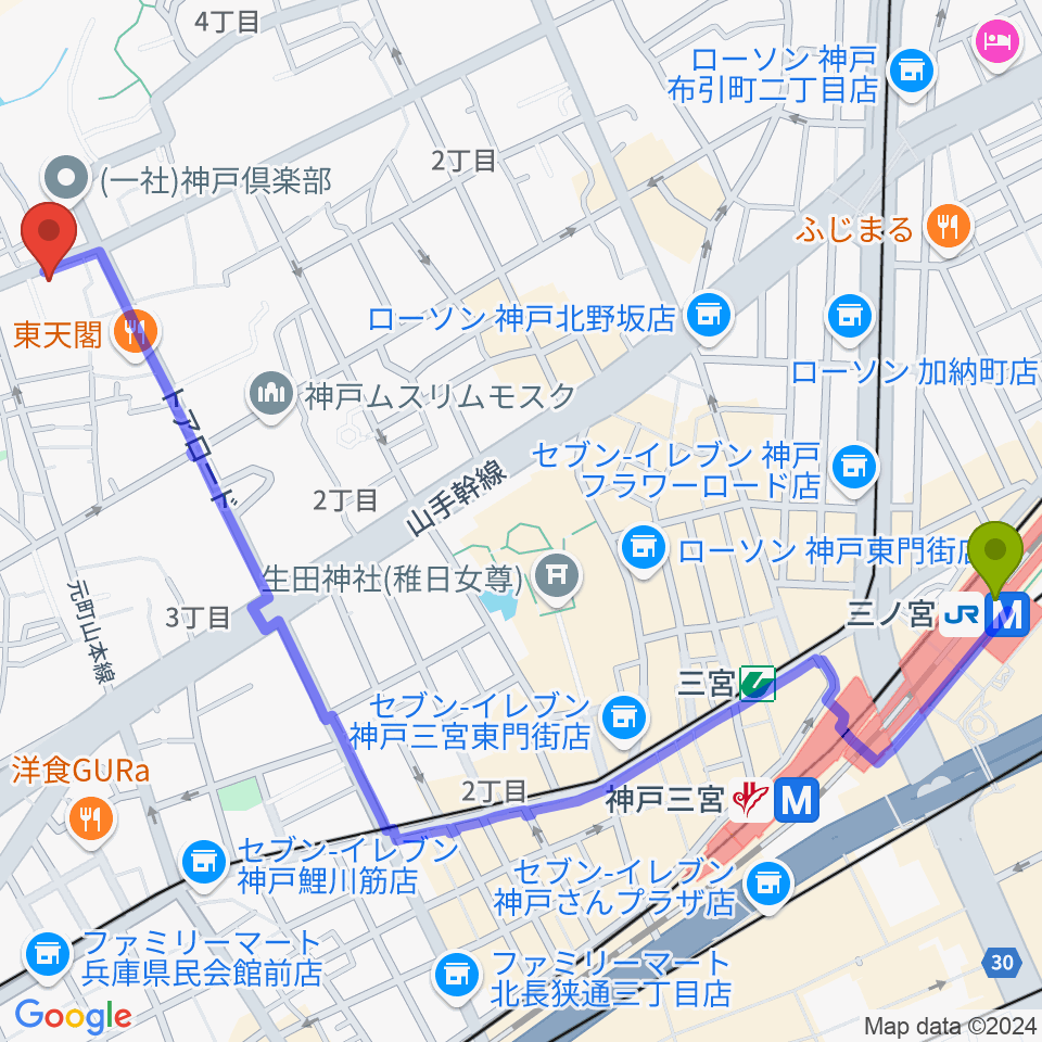 三ノ宮駅から弦楽器とレコードの店プリムローズへのルートマップ地図