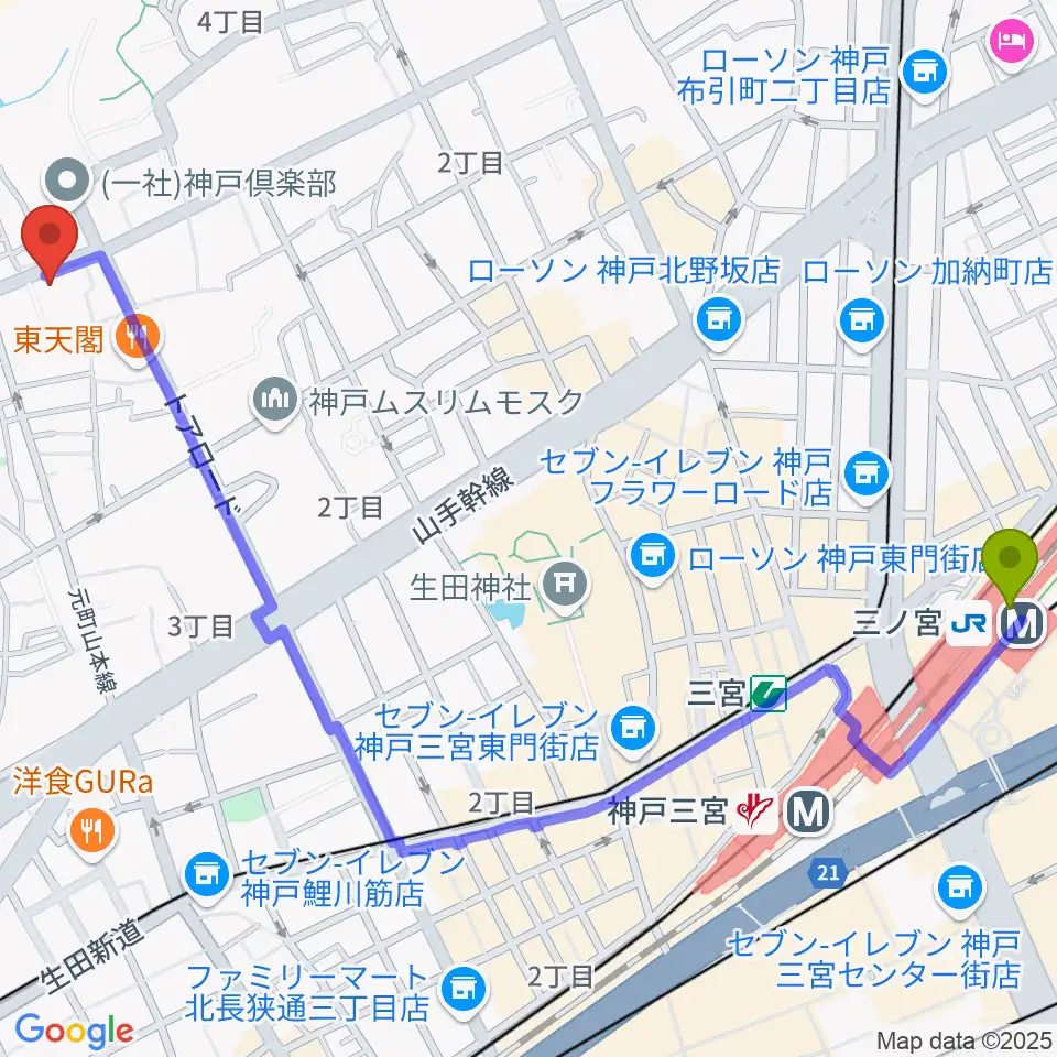 三ノ宮駅から弦楽器とレコードの店プリムローズへのルートマップ地図