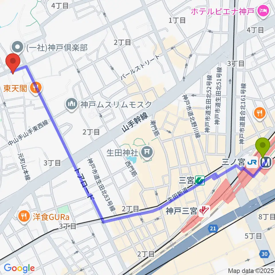 三ノ宮駅から弦楽器とレコードの店プリムローズへのルートマップ地図