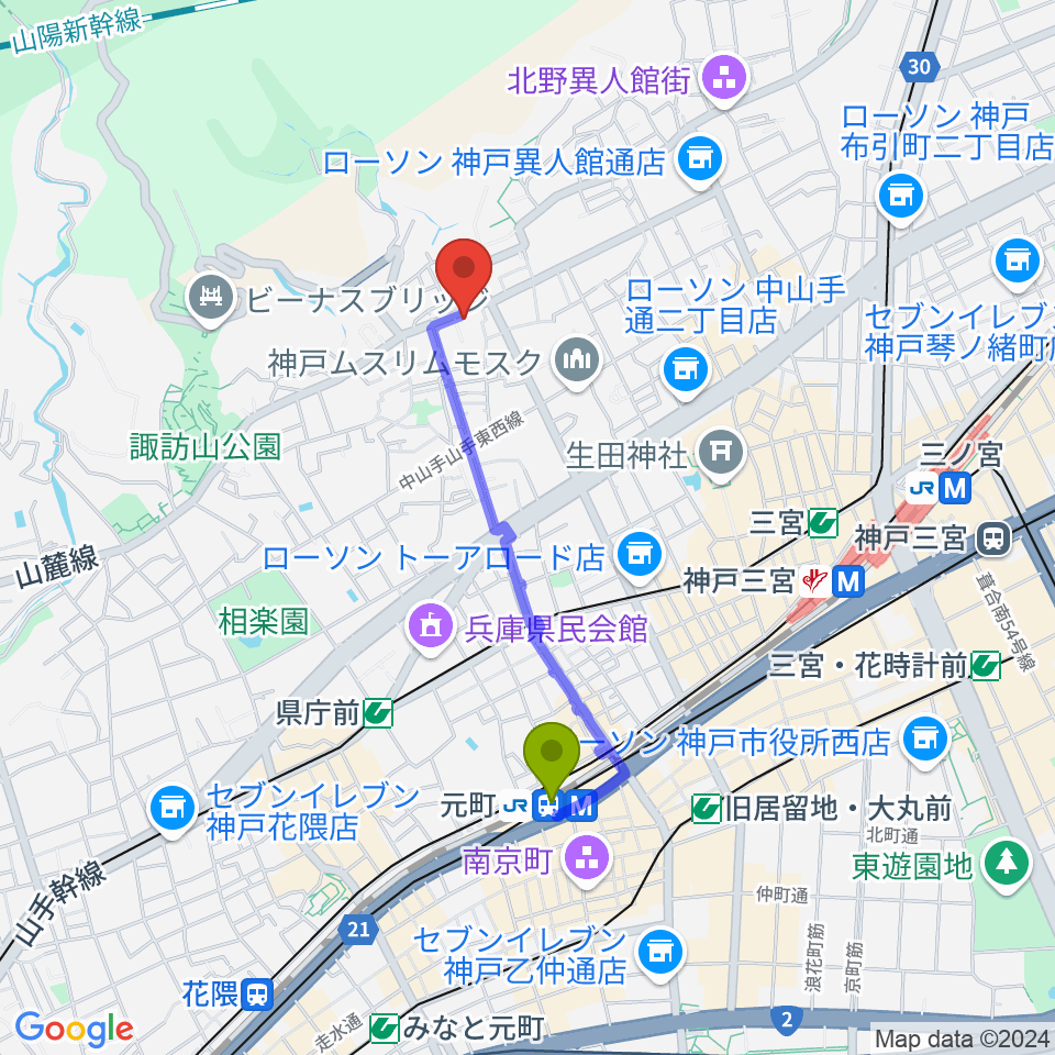 元町駅から弦楽器とレコードの店プリムローズへのルートマップ地図