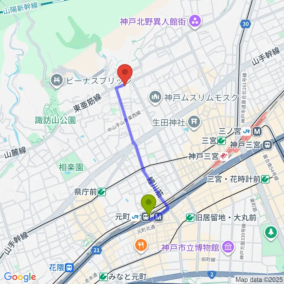 元町駅から弦楽器とレコードの店プリムローズへのルートマップ地図