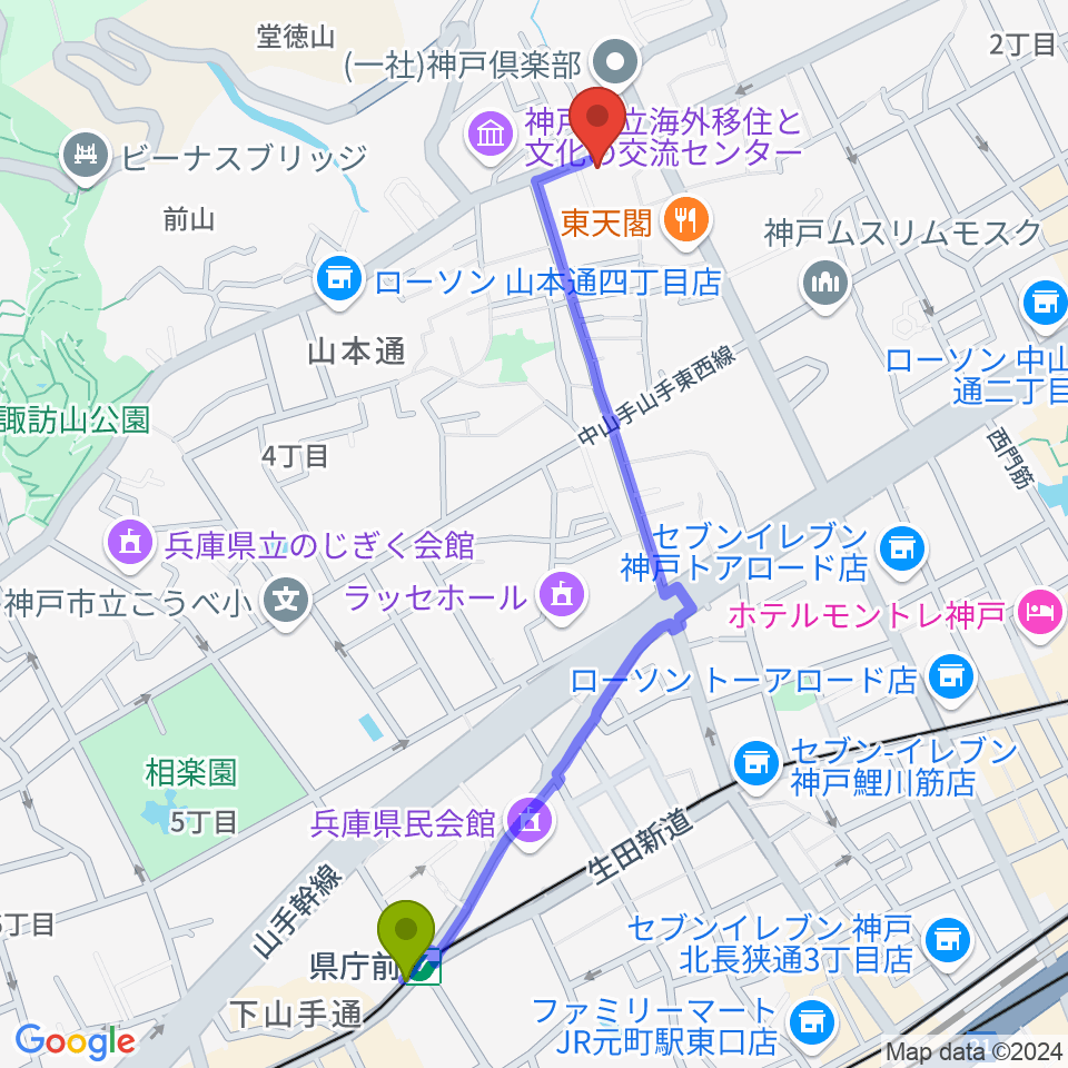 弦楽器とレコードの店プリムローズの最寄駅県庁前駅からの徒歩ルート（約12分）地図