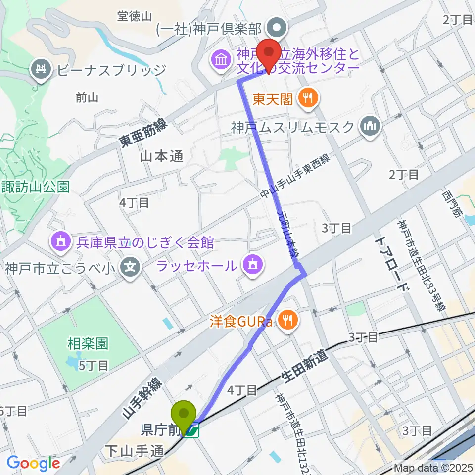 弦楽器とレコードの店プリムローズの最寄駅県庁前駅からの徒歩ルート（約12分）地図