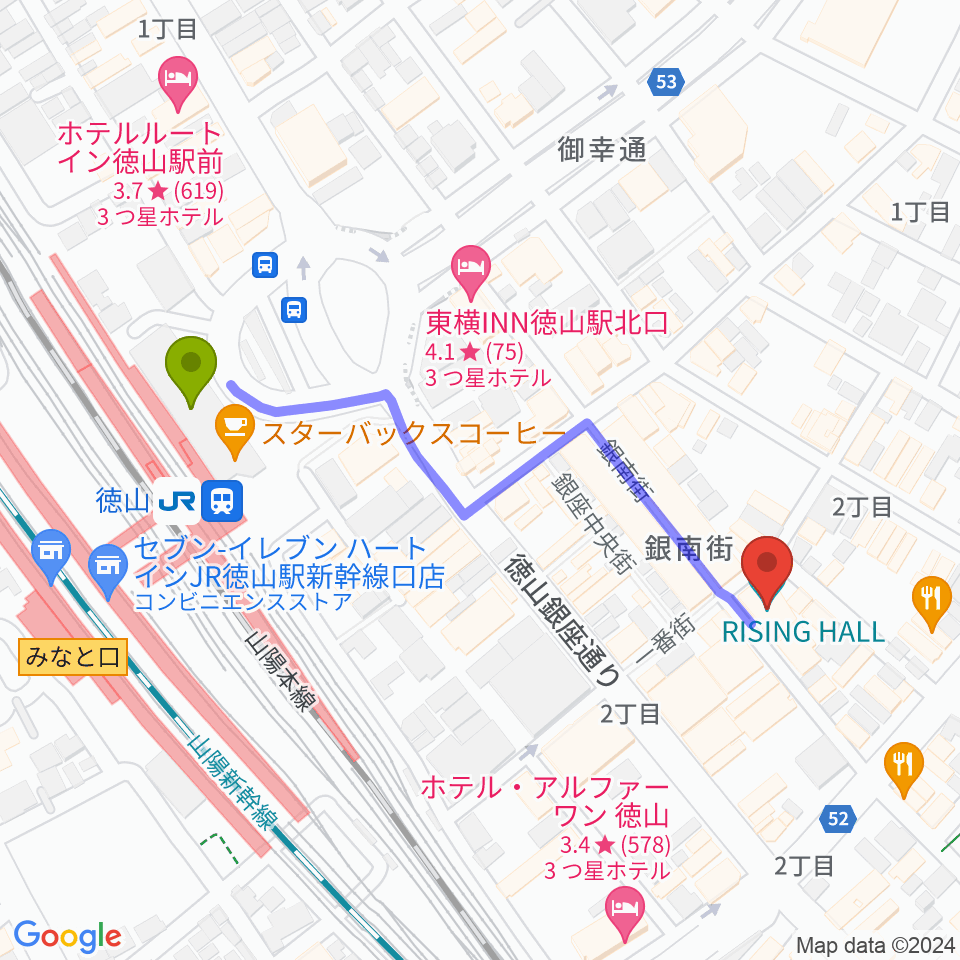 周南RISING HALLの最寄駅徳山駅からの徒歩ルート（約5分）地図