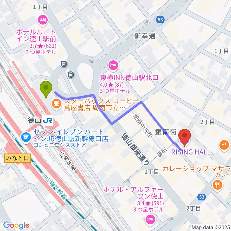 周南RISING HALLの最寄駅徳山駅からの徒歩ルート（約5分）地図