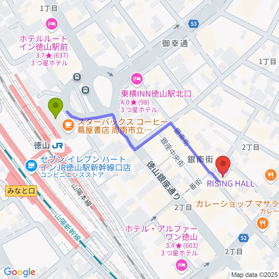 周南RISING HALLの最寄駅徳山駅からの徒歩ルート（約5分）地図