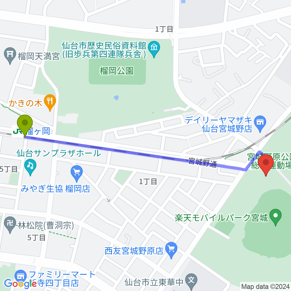 榴ケ岡駅からRakuten.FM TOHOKUへのルートマップ地図