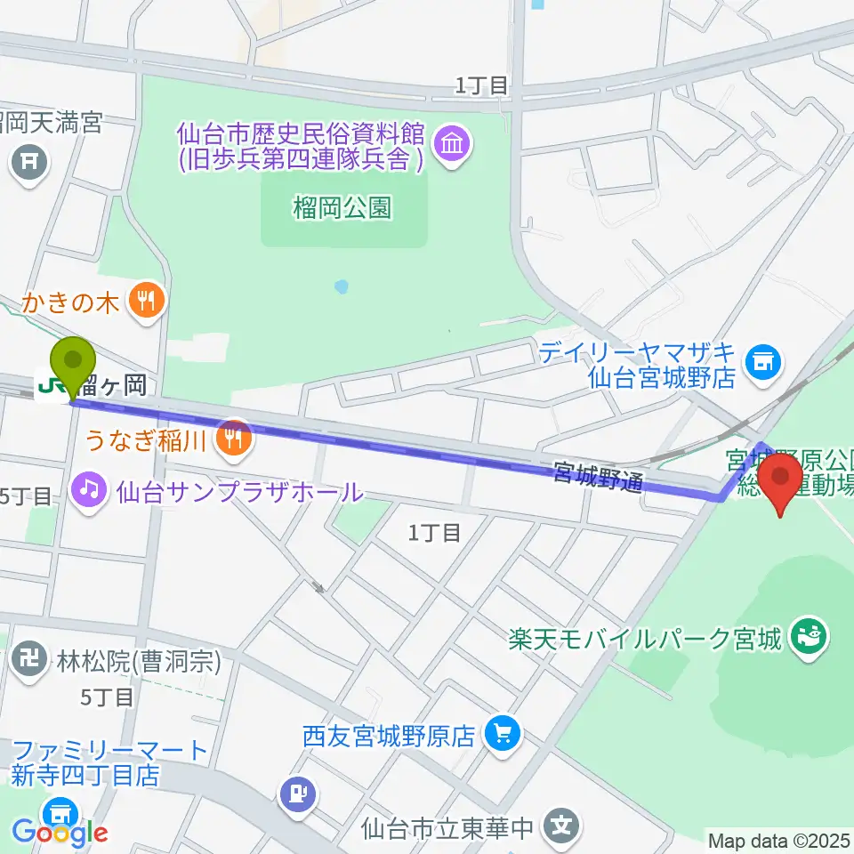 榴ケ岡駅からRakuten.FM TOHOKUへのルートマップ地図