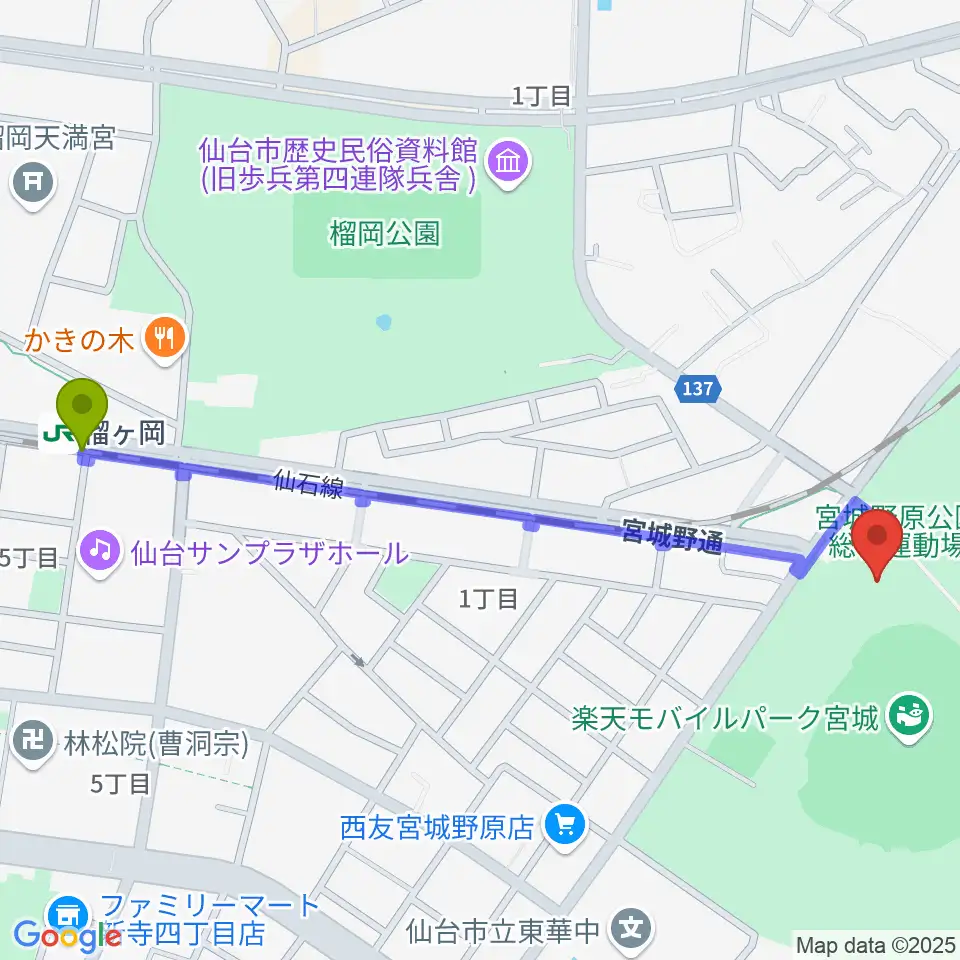 榴ケ岡駅からRakuten.FM TOHOKUへのルートマップ地図