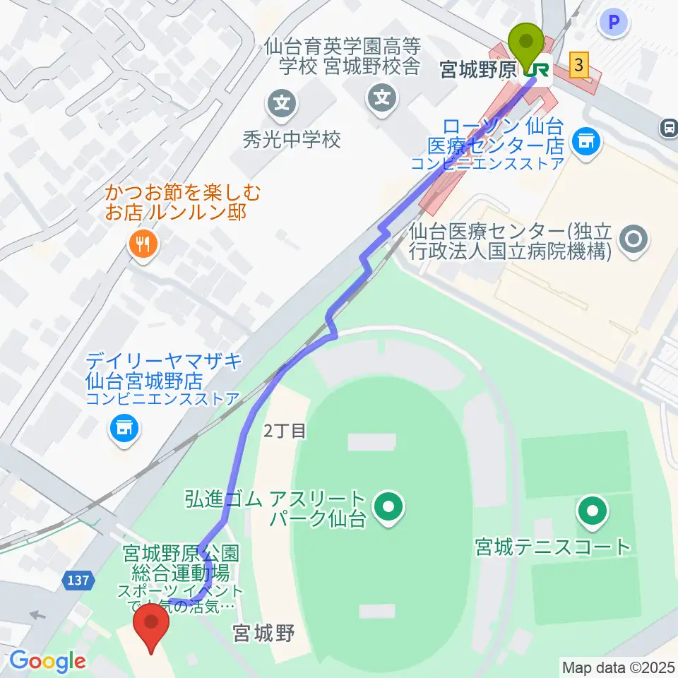 Rakuten.FM TOHOKUの最寄駅宮城野原駅からの徒歩ルート（約8分）地図