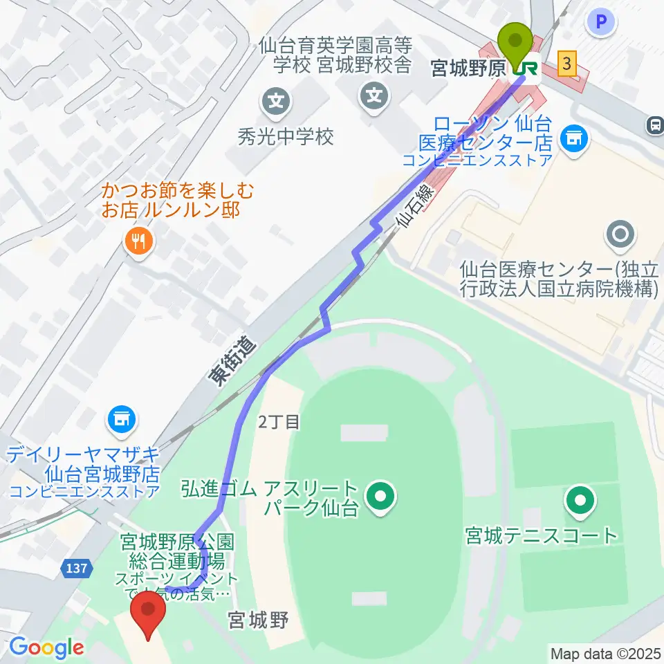 Rakuten.FM TOHOKUの最寄駅宮城野原駅からの徒歩ルート（約8分）地図