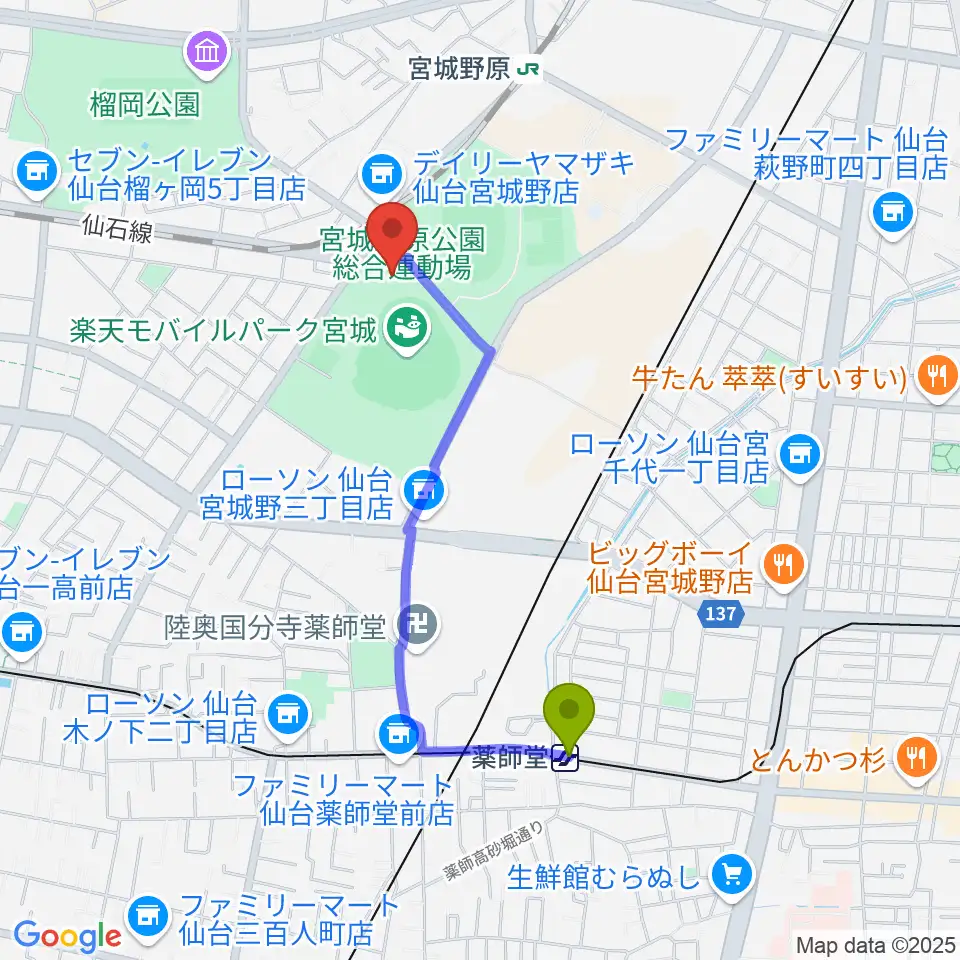 薬師堂駅からRakuten.FM TOHOKUへのルートマップ地図