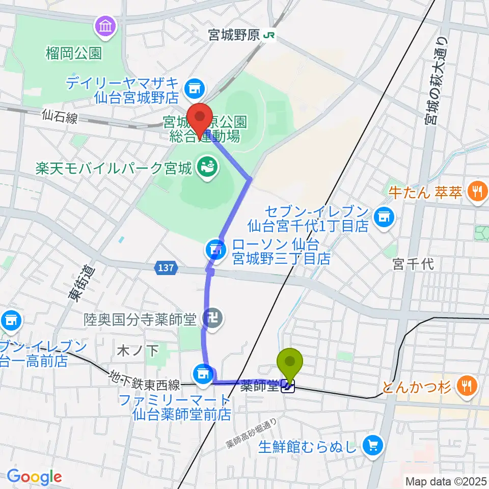 薬師堂駅からRakuten.FM TOHOKUへのルートマップ地図