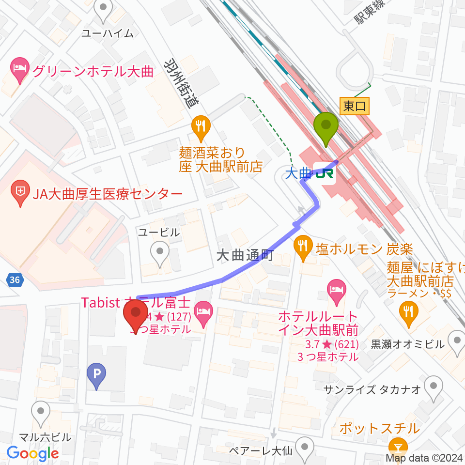 FMはなびの最寄駅大曲駅からの徒歩ルート（約4分）地図
