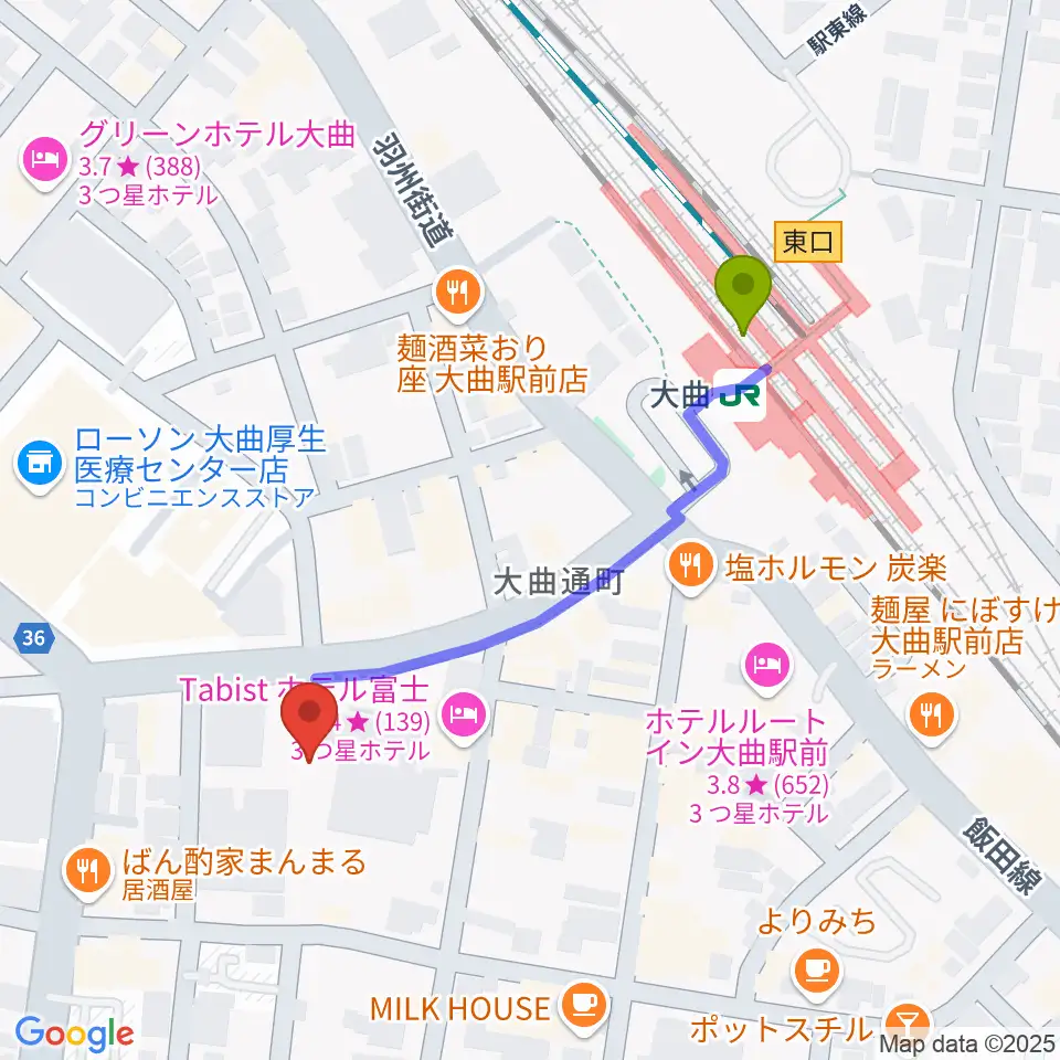 FMはなびの最寄駅大曲駅からの徒歩ルート（約4分）地図