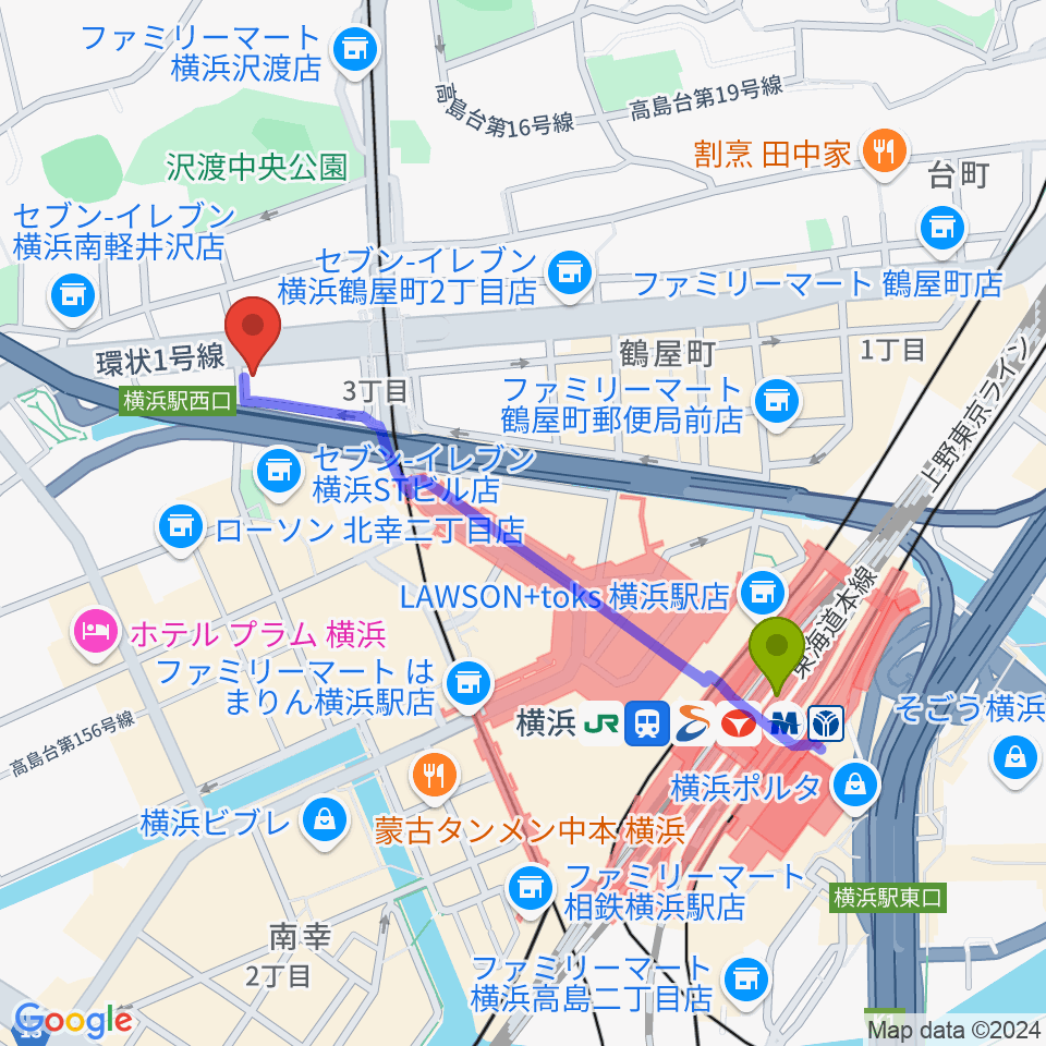 アウローラミュージックアカデミーの最寄駅横浜駅からの徒歩ルート（約9分）地図