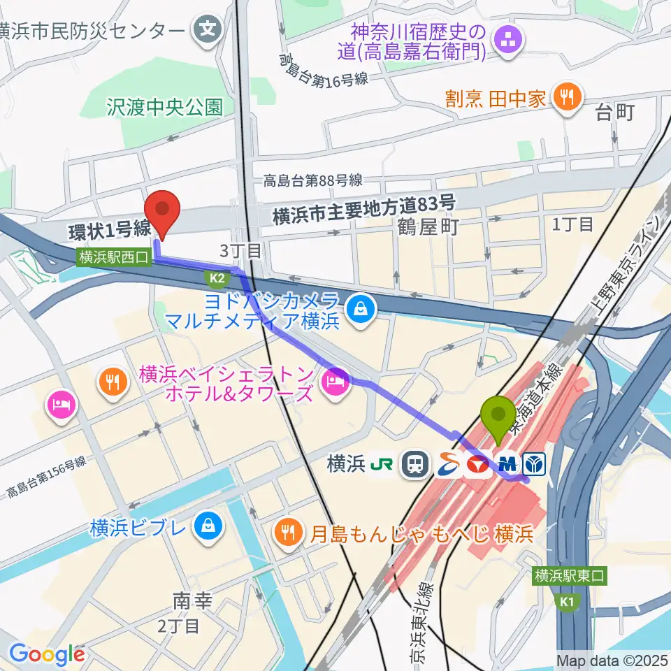 アウローラミュージックアカデミーの最寄駅横浜駅からの徒歩ルート（約9分）地図