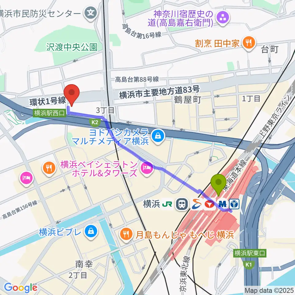 アウローラミュージックアカデミーの最寄駅横浜駅からの徒歩ルート（約9分）地図