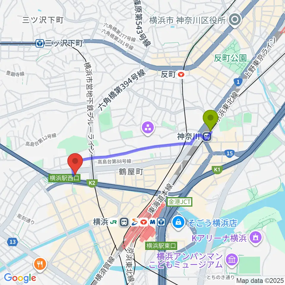 神奈川駅からアウローラミュージックアカデミーへのルートマップ地図