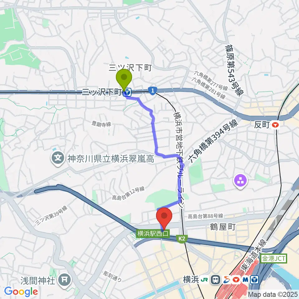 三ツ沢下町駅からアウローラミュージックアカデミーへのルートマップ地図