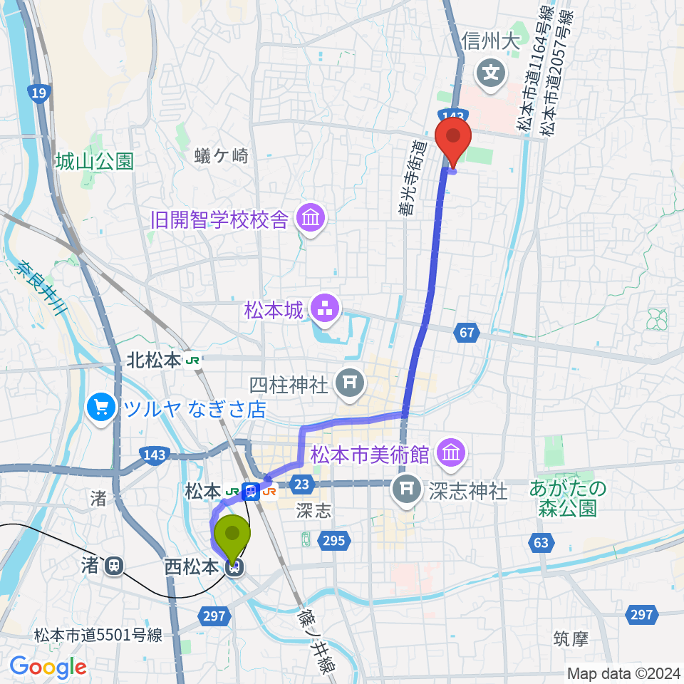 西松本駅から鈴木鎮一記念館へのルートマップ地図