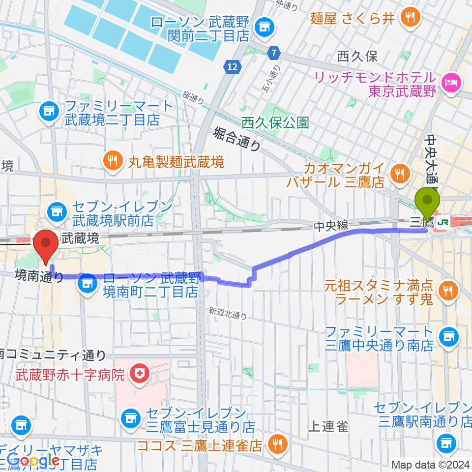 三鷹駅から武蔵野プレイスへのルートマップ地図