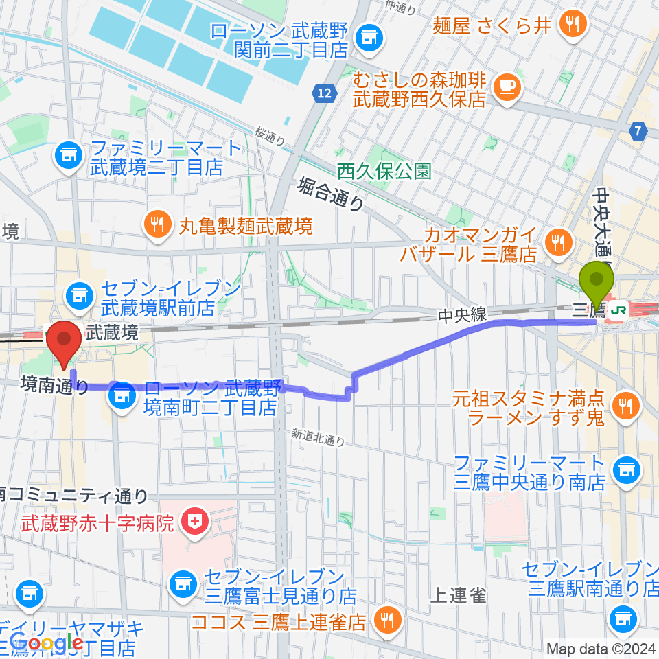 三鷹駅から武蔵野プレイスへのルートマップ地図