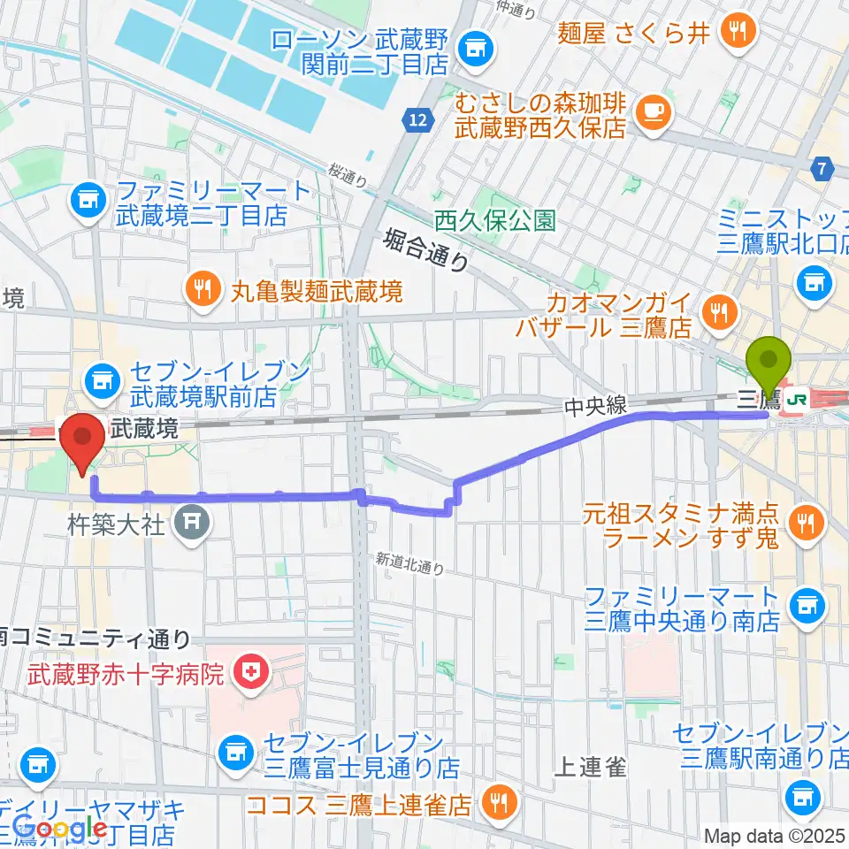 三鷹駅から武蔵野プレイスへのルートマップ地図