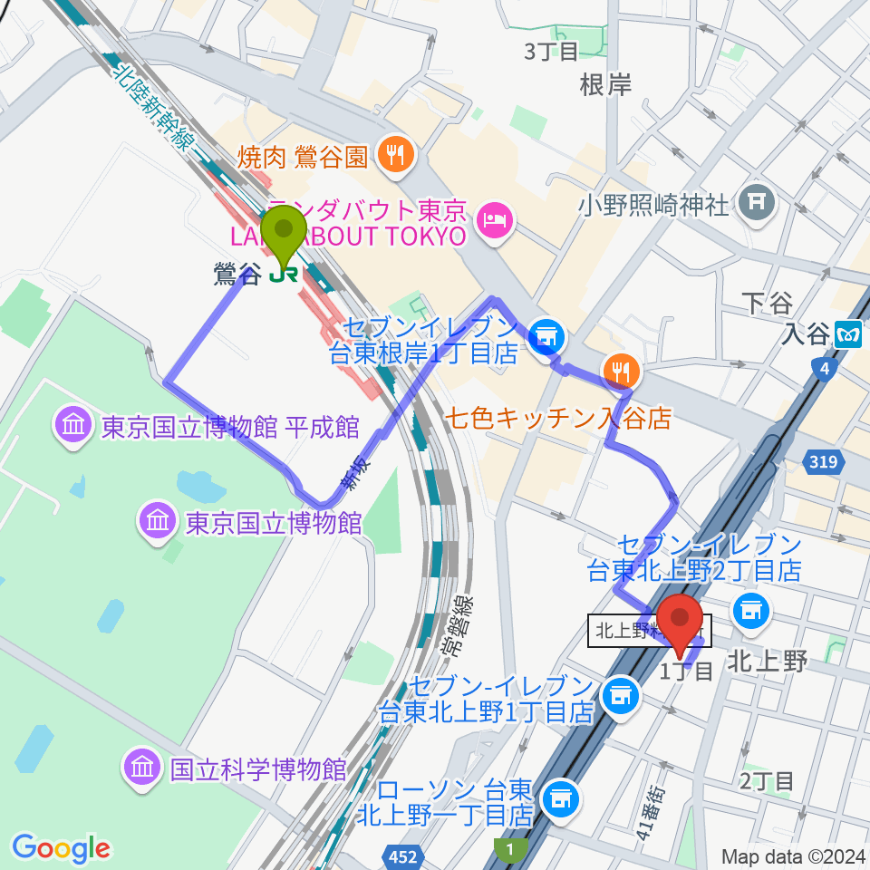 鶯谷駅からホムラサウンド上野スタジオへのルートマップ地図