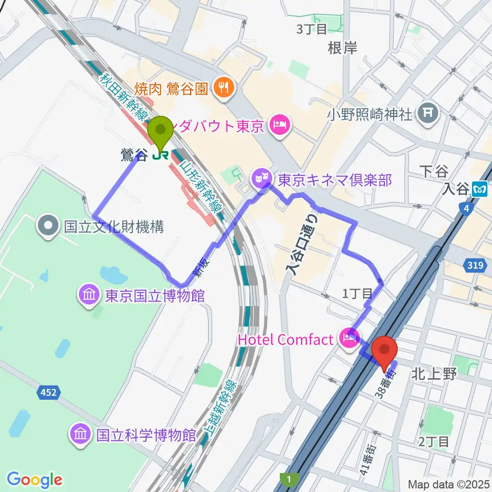 鶯谷駅からホムラサウンド上野スタジオへのルートマップ地図