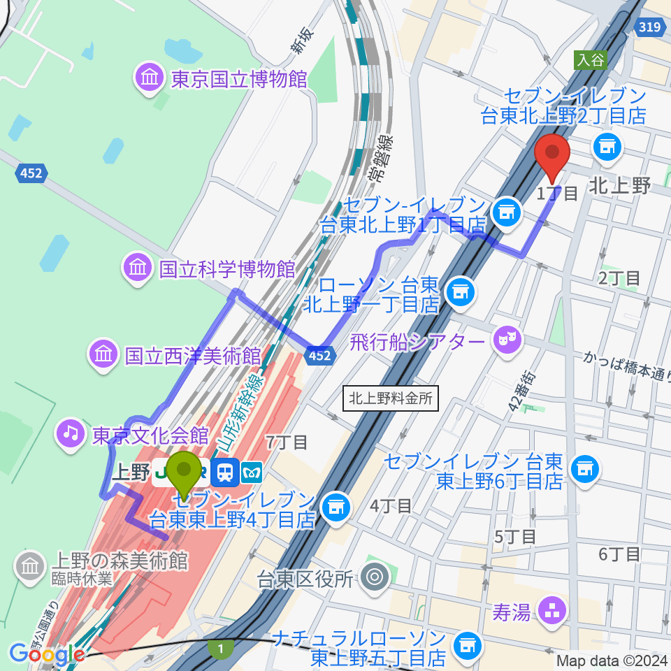 上野駅からホムラサウンド上野スタジオへのルートマップ地図