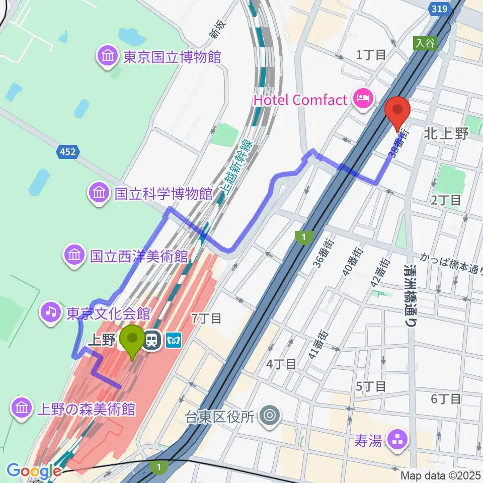 上野駅からホムラサウンド上野スタジオへのルートマップ地図