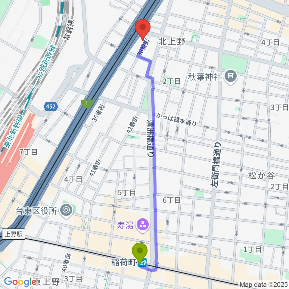 稲荷町駅からホムラサウンド上野スタジオへのルートマップ地図