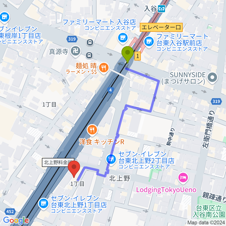 ホムラサウンド上野スタジオの最寄駅入谷駅からの徒歩ルート（約4分）地図