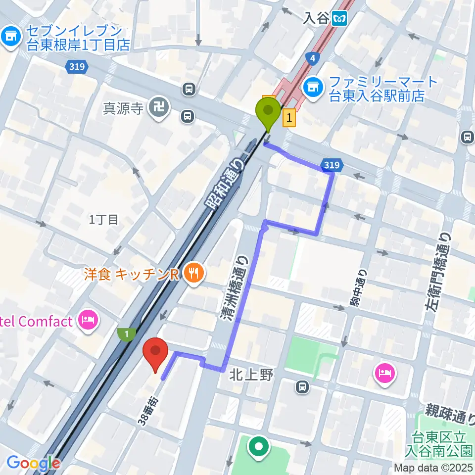 ホムラサウンド上野スタジオの最寄駅入谷駅からの徒歩ルート（約4分）地図