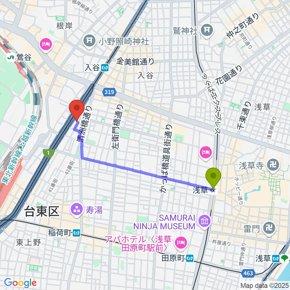 浅草駅からホムラサウンド上野スタジオへのルートマップ地図