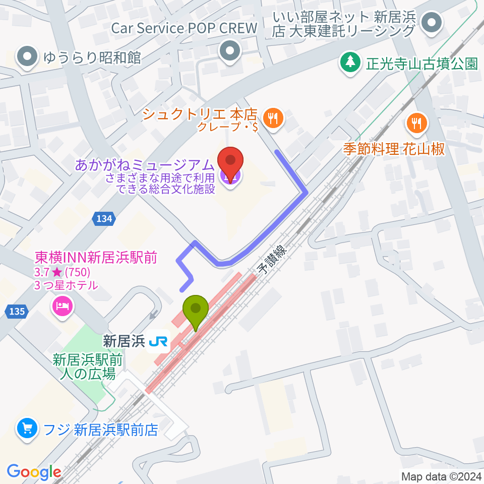 あかがねミュージアムの最寄駅新居浜駅からの徒歩ルート（約2分）地図