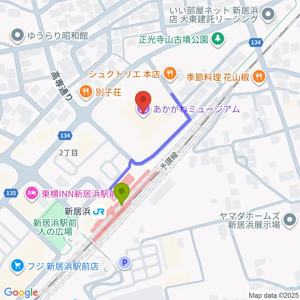 あかがねミュージアムの最寄駅新居浜駅からの徒歩ルート（約2分）地図