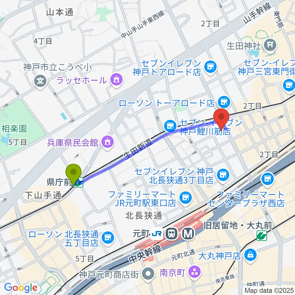 県庁前駅から神戸へラバラウンジへのルートマップ地図