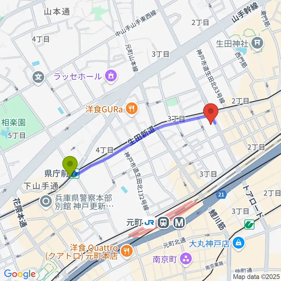 県庁前駅から神戸へラバラウンジへのルートマップ地図