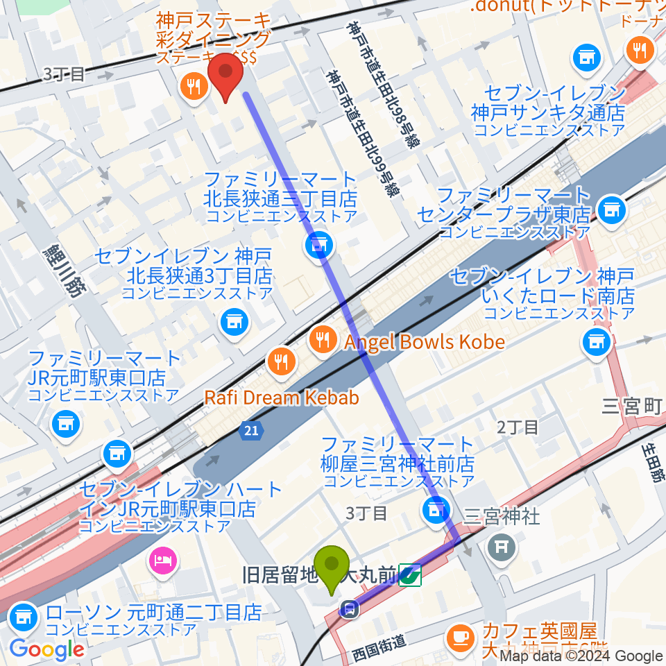 旧居留地・大丸前駅から神戸へラバラウンジへのルートマップ地図