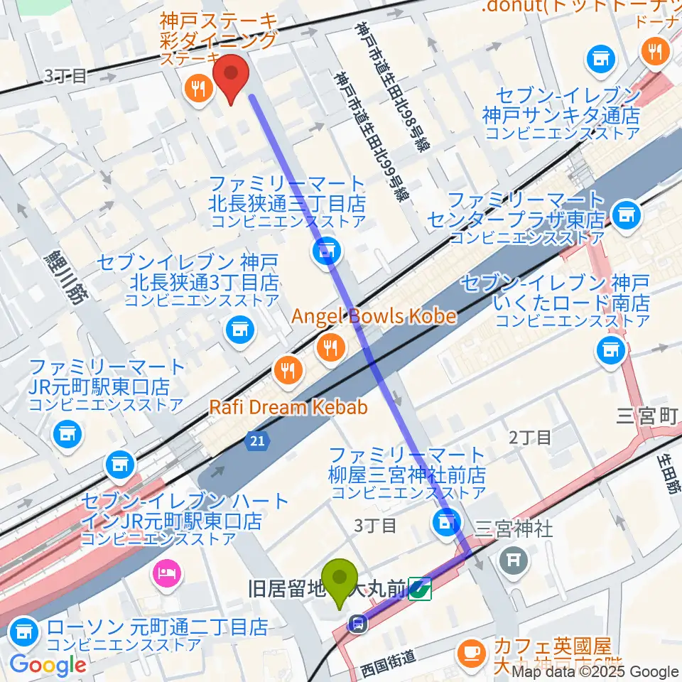 旧居留地・大丸前駅から神戸へラバラウンジへのルートマップ地図