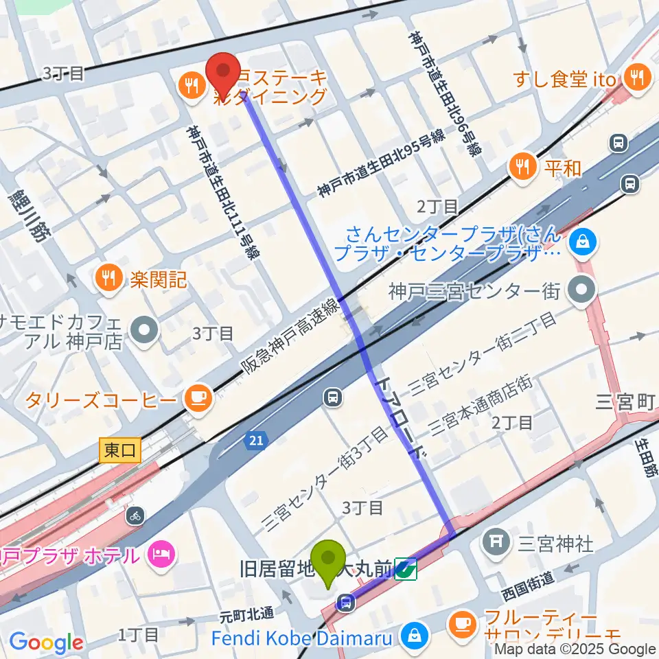 旧居留地・大丸前駅から神戸へラバラウンジへのルートマップ地図