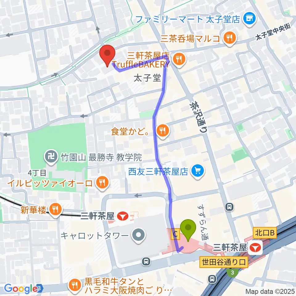 三軒茶屋駅からFesta Music Salonへのルートマップ地図