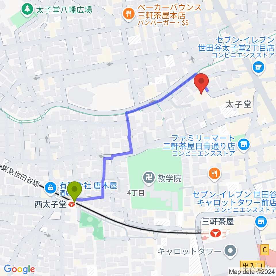 Festa Music Salonの最寄駅西太子堂駅からの徒歩ルート（約5分）地図