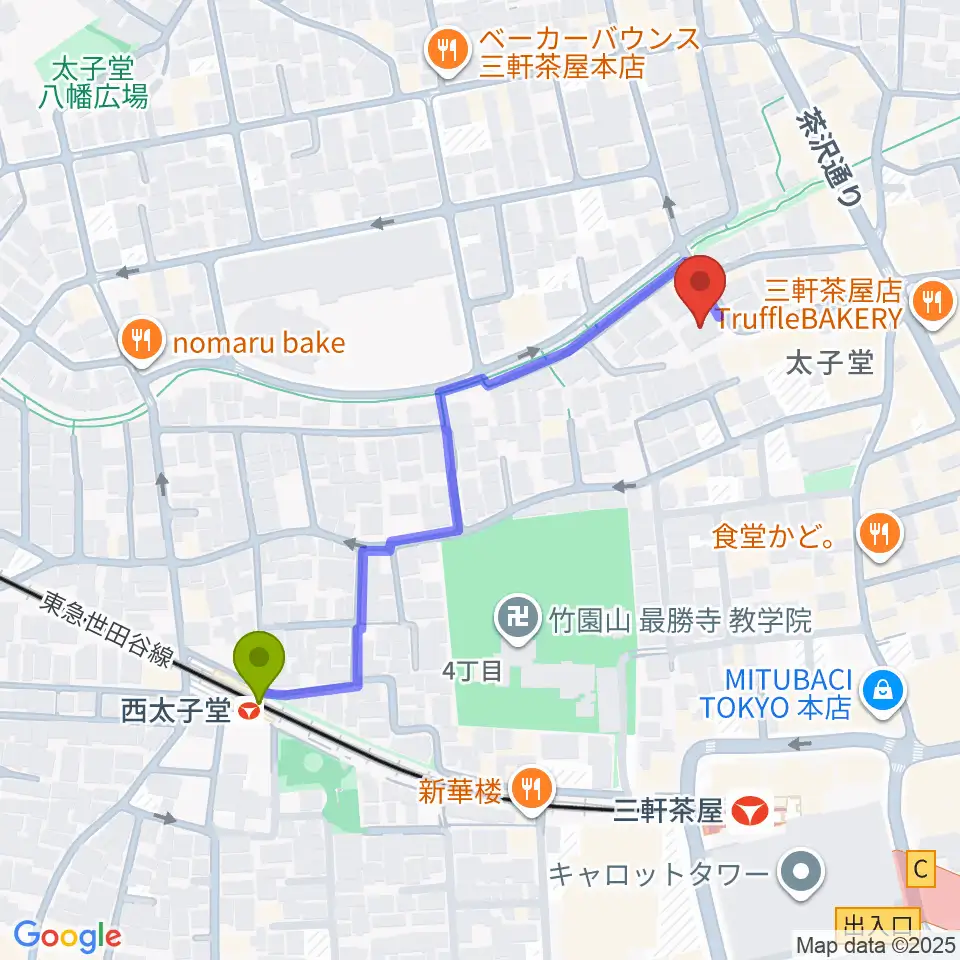 Festa Music Salonの最寄駅西太子堂駅からの徒歩ルート（約5分）地図