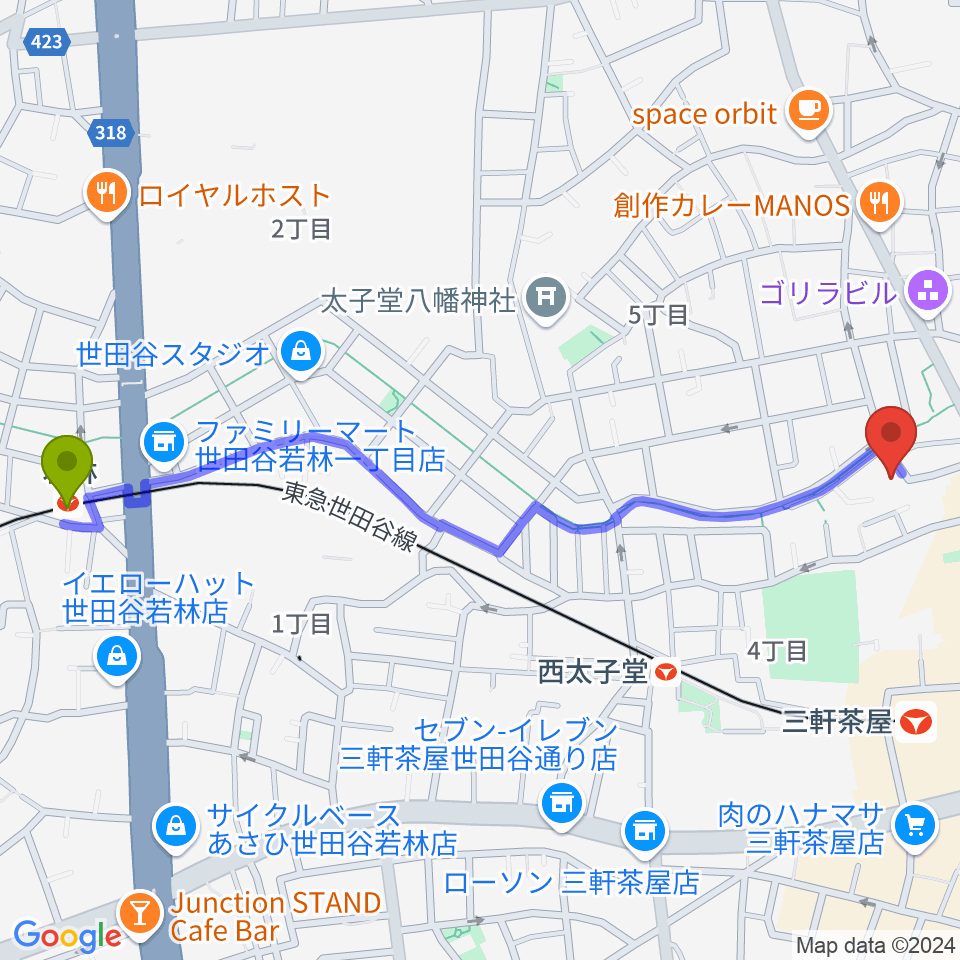 若林駅からFesta Music Salonへのルートマップ地図