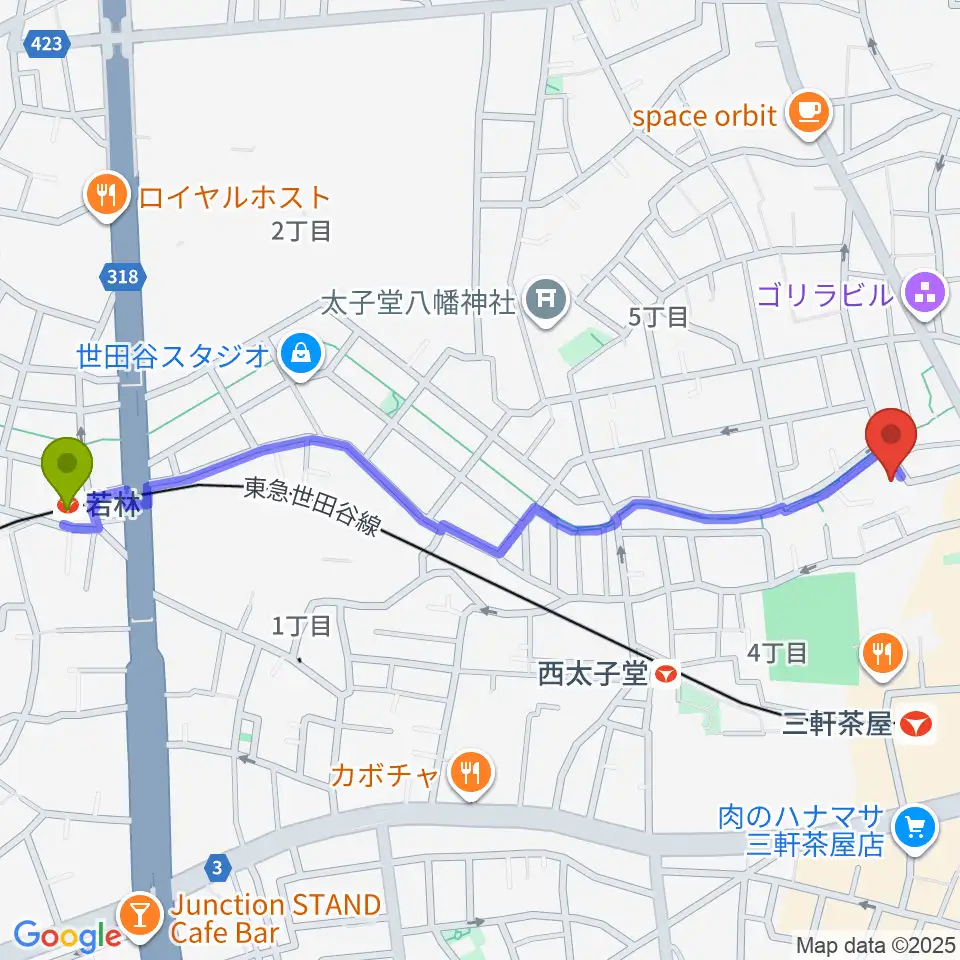 若林駅からFesta Music Salonへのルートマップ地図